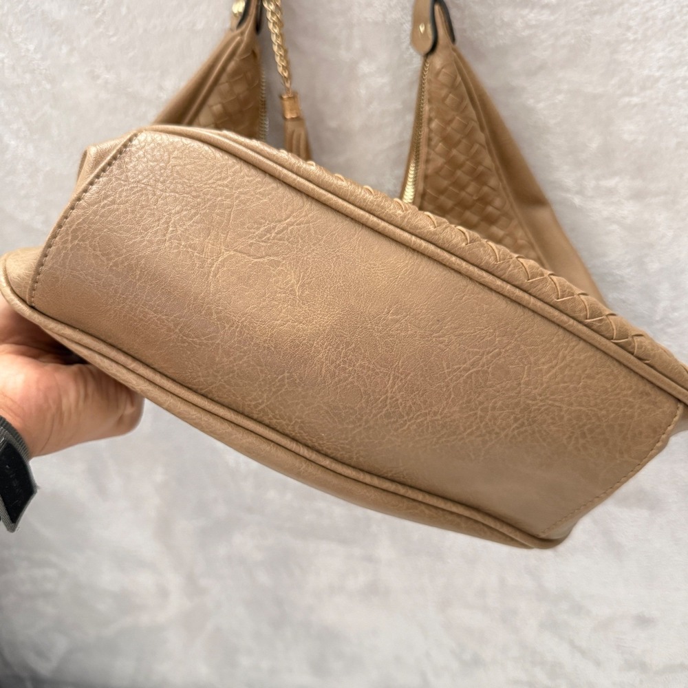 Woven Hobo Bag Tan Faux Leather Shoulder Bag Tassel Accent Boho - Picture 4 of 10
